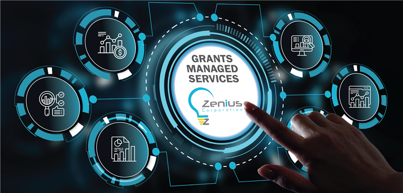Futuristic interface with hand touching Zenius Corporation Grants Managed Services hub surrounded by grant-related icons